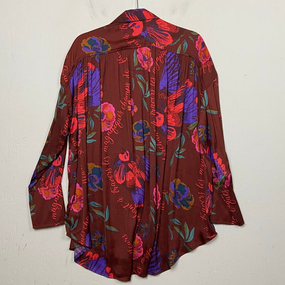 Free People Silky Nights Red Floral Oversized Boyfriend Blouse Size Small - Picture 7 of 12